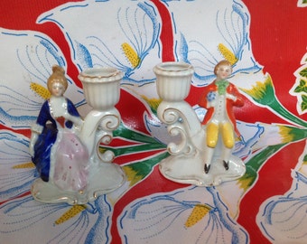Vintage ceramic colonial couple handpainted candle stick holders- Japan