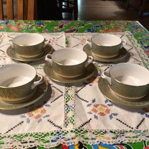 Zestaw 5 wspaniałych misek do zupy i spodków Royal Worcester Fine Bone China z 1966 r. Balmoral Green Gold Trim - Anglia