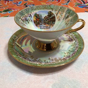 Vintage Bareuther Waldsassen Bavaria Western Germany porcelain luster ware cup and saucer- souvenir of New Orleans, Louisiana