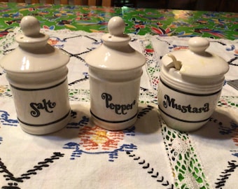 Vintage ceramic canister shaped salt, pepper, and mustard set-  Japan