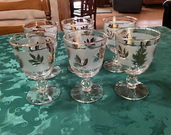 Juego vintage de 6 copas de vino o cálices Libbey de mediados de siglo con diseño de pan de oro esmerilado.