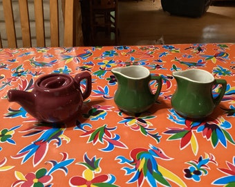 Vintage Chefsware Coorsite China restaurant ware small burgundy teapot and 2 green creamers- USA