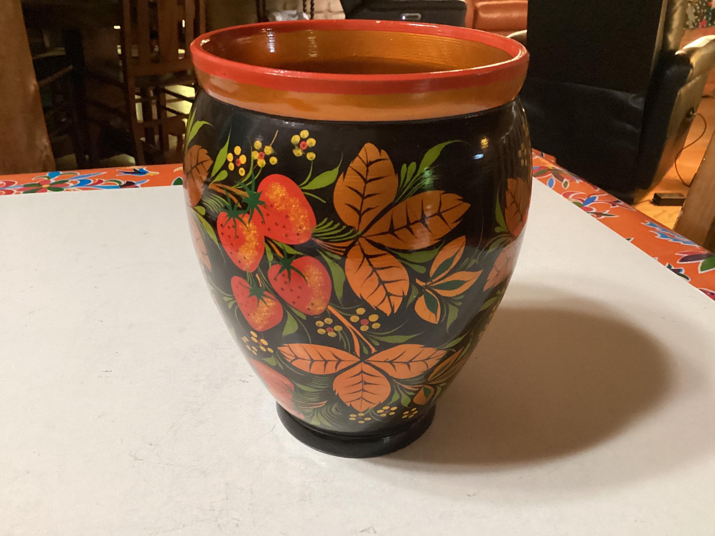 Vase Khokhloma Fait Main – Bois Peint Rouge, Noir, Doré – Déco Russe Traditionnelle Avec Fleurs Et Baies