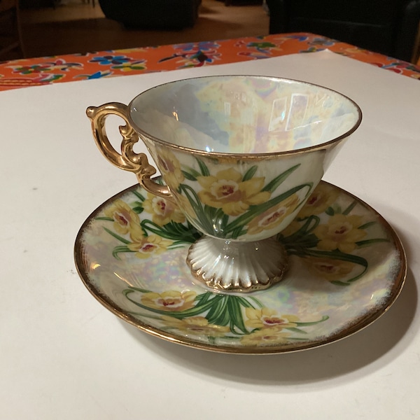 Vintage Ucagco fine bone china luster ware  March cup and saucer with daffodil designs and gold trim- Japan