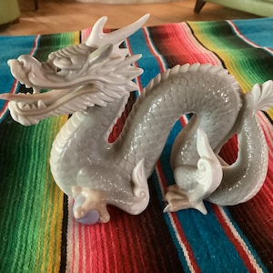 May include: A ceramic dragon figurine in shades of gray and white, with detailed scales and a fierce expression. The dragon is posed on a colorful striped textile, showcasing its intricate design and craftsmanship. A decorative item.