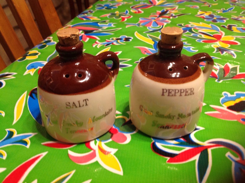 Vintage hand crafted Paden City stoneware moonshine jug salt and pepper shakers souvenir of the Great Smoky Mountains Tennessee