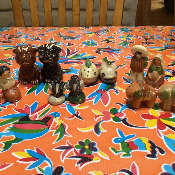 Vintage Mexican crude assorted terra cotta salt and pepper shakers sold seperately- cats, fish, birds, elephants, kneeling girls, man/woman