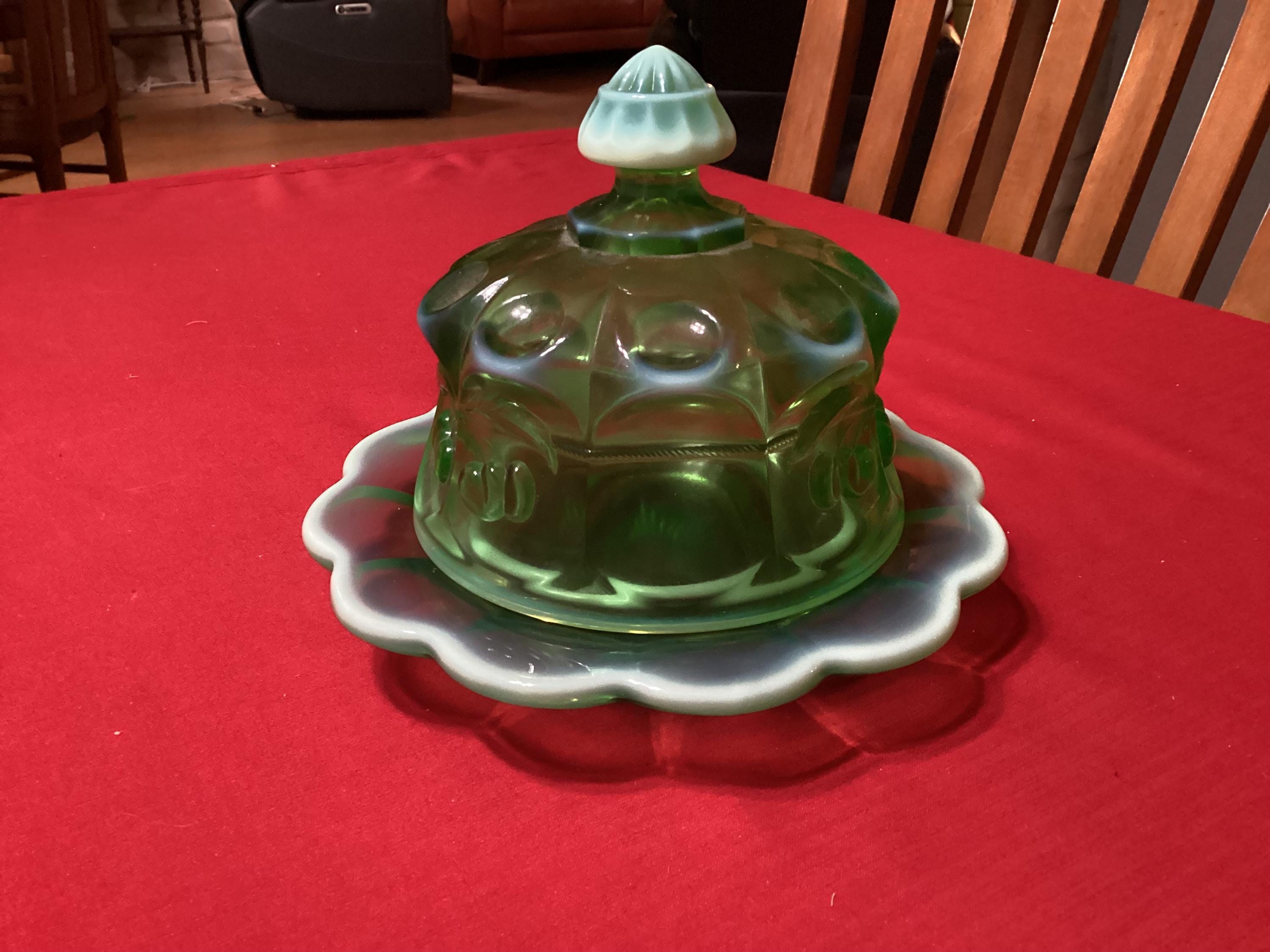Vintage Mosser Glass Green Opalescent Glass Cherry and Thumbprint