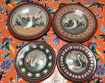 Vintage beautiful ceramic clay Tonala Mexican ceramic hand painted platter with thatched huts