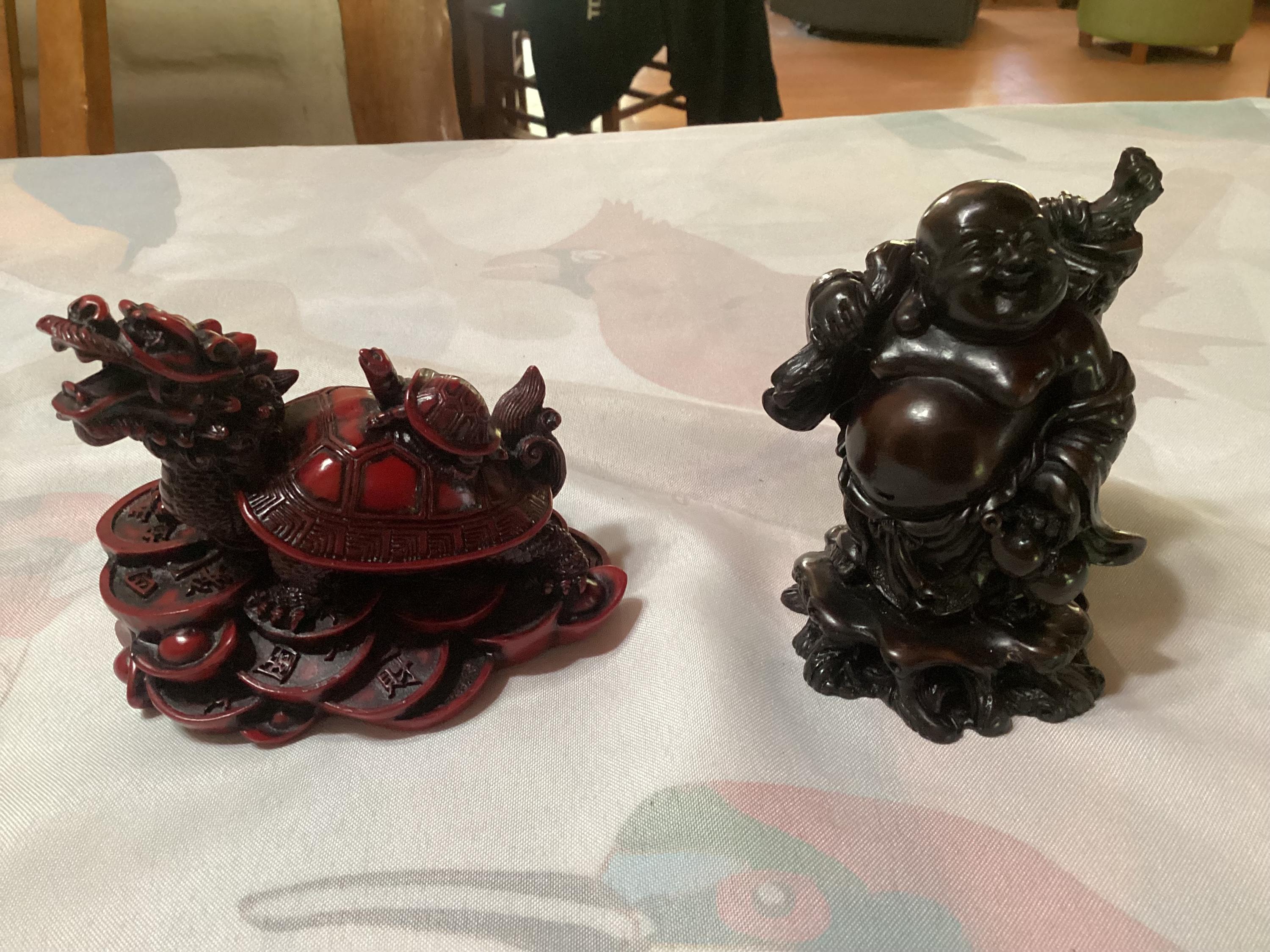 Vintage Jade Resin Laughing Buddha and Dragon Turtle Good Luck