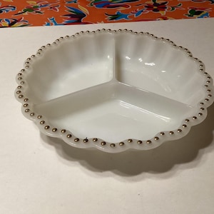 Vintage Anchor Hocking Fire King milk glass divided relish dish with gold dotted rim