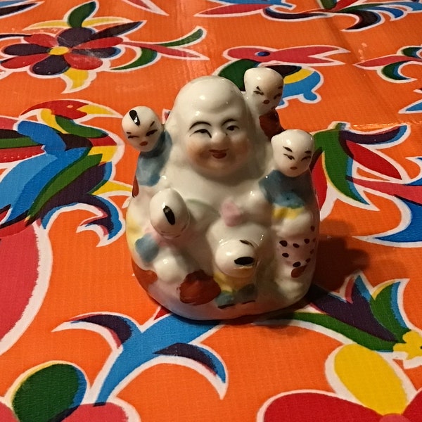 Vintage ceramic Antique Hotei Laughing Buddha with Babies, Handpainted Famille Rose Porcelain Ceramic figurine- China