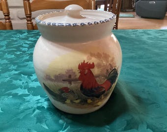 Vintage Casey Pottery lidded crock or canister with chicken designs- Marshall, Texas