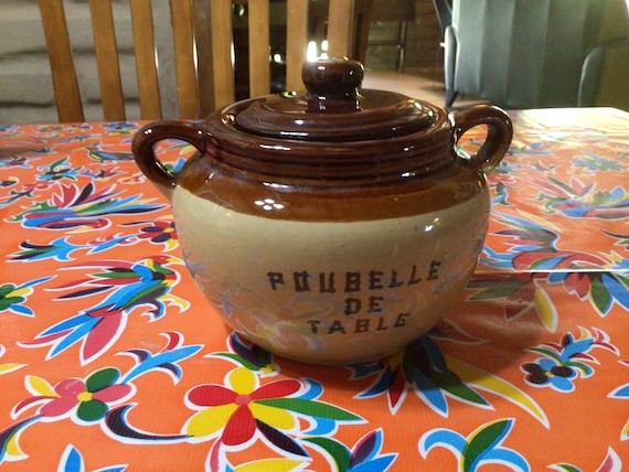 Vintage French Poubelle De Table Stoneware Table Bin With Lid and