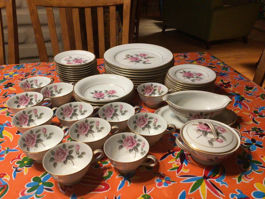 Vintage Beautiful Noritake Lindrose Dishes Gravy Boat, Cups, Saucers