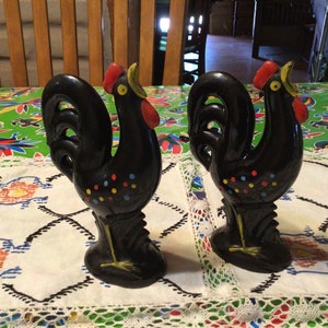 Vintage red clay black hand painted rooster figurines- Japan