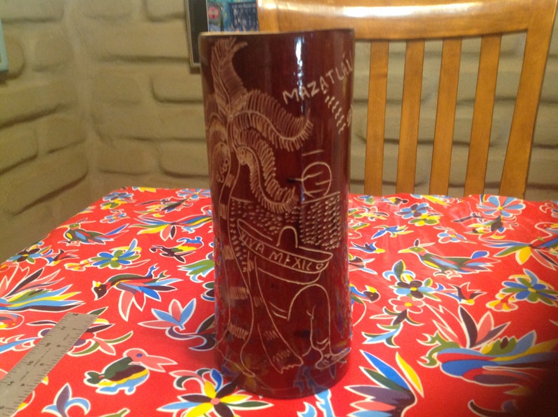 Vintage bamboo hand etched tall beer stein Mexico Sinaloa souvenir of Mazatlan