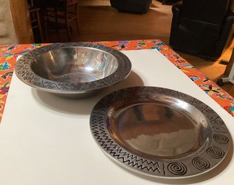 Vintage Wilton Armetale Reggae pewter round cheeseboard platter and large rimmed bowl- sold separately