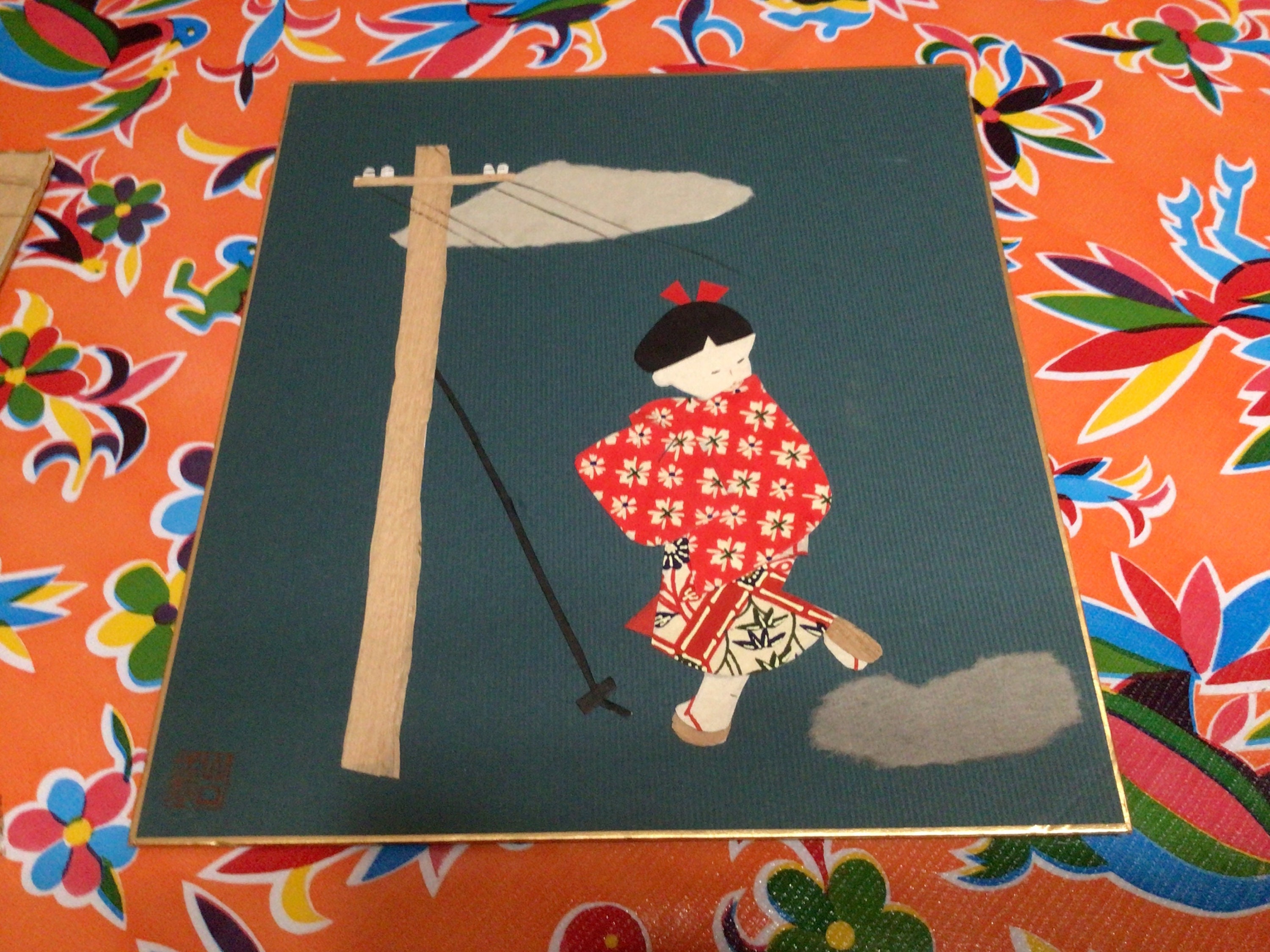 Vintage Japanese Chigiri-e, Torn Paper Art on a Shikishi Board