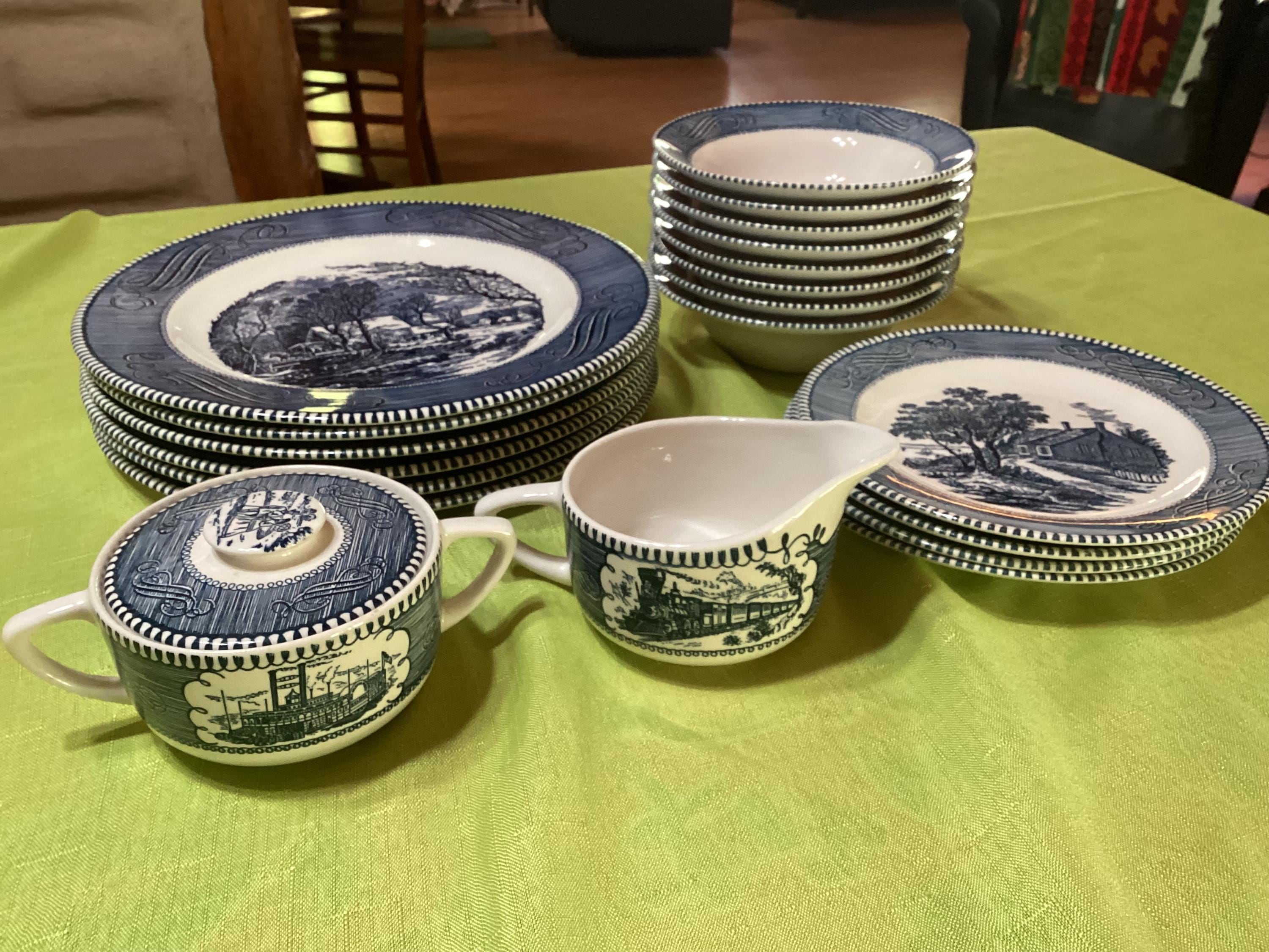 Royal China Currier and Ives Old Grist Mill Plates, Bowls, Cream
