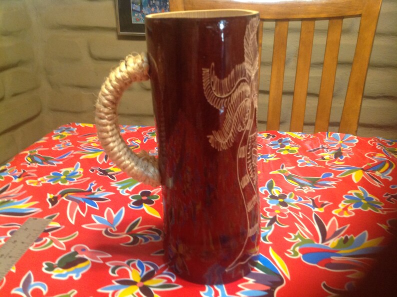 Vintage bamboo hand etched tall beer stein Mexico Sinaloa souvenir of Mazatlan