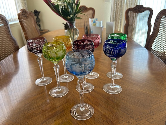 Vintage Set of 8 Beautiful Colorful NACHTMANN Crystal Etched Stemware Goblets or Wine Glasses and 4 Aperitif or Cordial Stemware- Germany