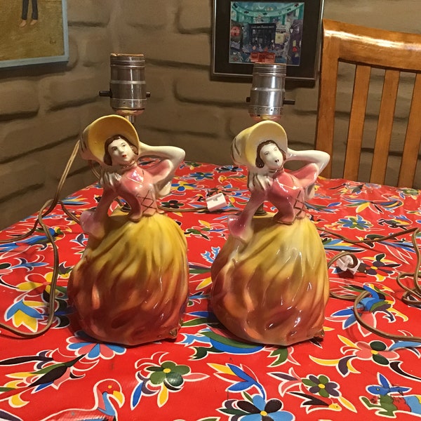 Vintage pair of working hand painted ceramic bonneted Southern belle lady lamps