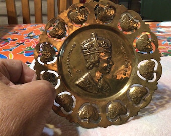 Vintage reticulated brass Queen Elizabeth Coronation dish-  1953, England