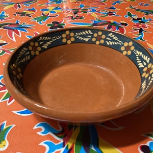 Vintage terra cotta red clay hand painted  Mexican salsa bowl with flower designs- Doraditos Chula Vista, California