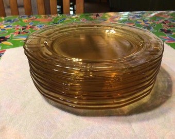 Vintage set of 9 Fostoria Fairfax yellow depression glass 12 sided paneled plates