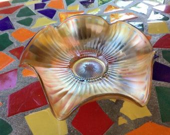 Vintage marigold iridescent paneled 9.5” carnival glass bowl with wavy rim