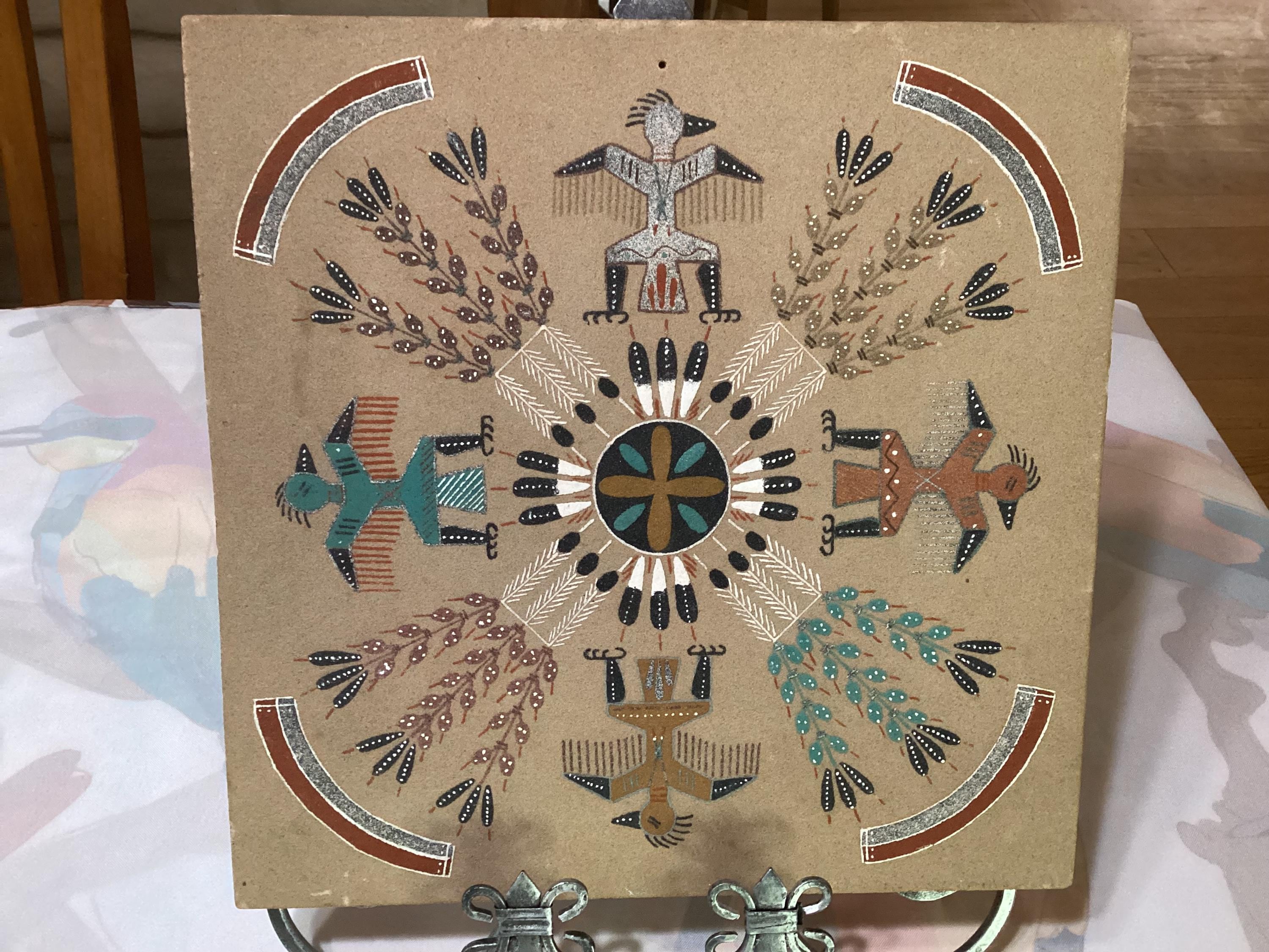 Vintage Colorful Navajo Sand Painting of Thunder Birds- Signed by