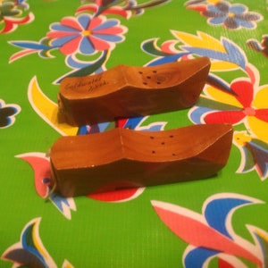 Vintage hand painted wooden shoe salt and pepper shakers- souvenir of Coldwater, Michigan
