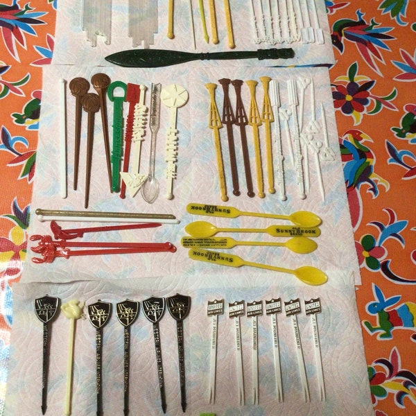 Vintage assorted sets of swizzle sticks, stirrers, picks- airlines, Las Vegas, Seattle, McDonalds, Old Sunnybrook, Shamu, glass, assorted