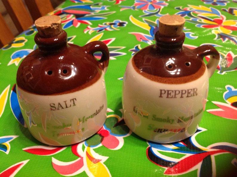 Vintage hand crafted Paden City stoneware moonshine jug salt and pepper shakers souvenir of the Great Smoky Mountains Tennessee
