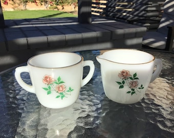 Vintage Fire King pink rose milk glass cream and sugar set with gold rims