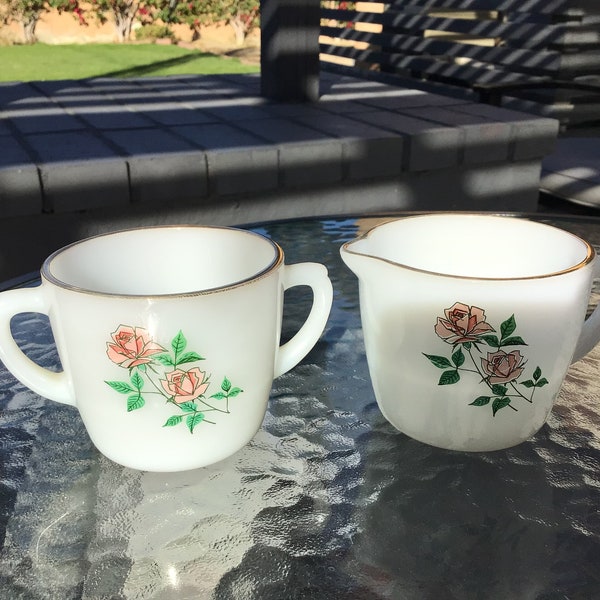 Vintage Fire King pink rose milk glass cream and sugar set with gold rims