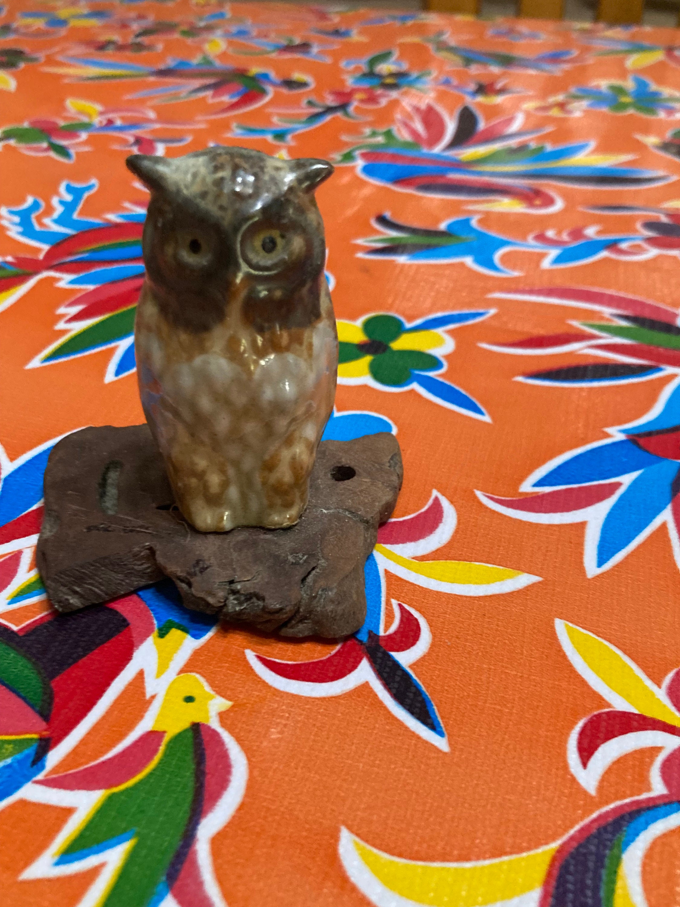 Vintage ceramic owl figurine on wood base- Souvenir of Yosemite National Park, California