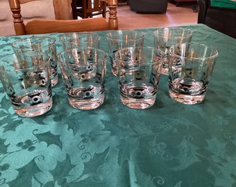 Vintage set of 8 classic mid century modern low ball glasses with gold and black geometric designs