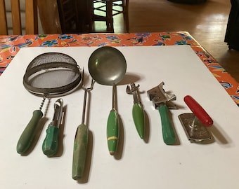 Vintage 8 kitchen tools with wood handles- strainer, fork, peeler, ladle, knife sharpener, jar opener, can opener- USA- sold separately