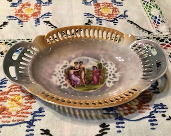Vintage Arzberg Bavaria reticulated luster small trinket dish with Greek ladies
