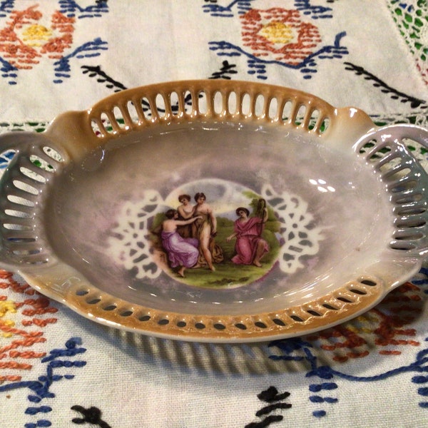 Vintage Arzberg Bavaria reticulated luster small trinket dish with Greek ladies