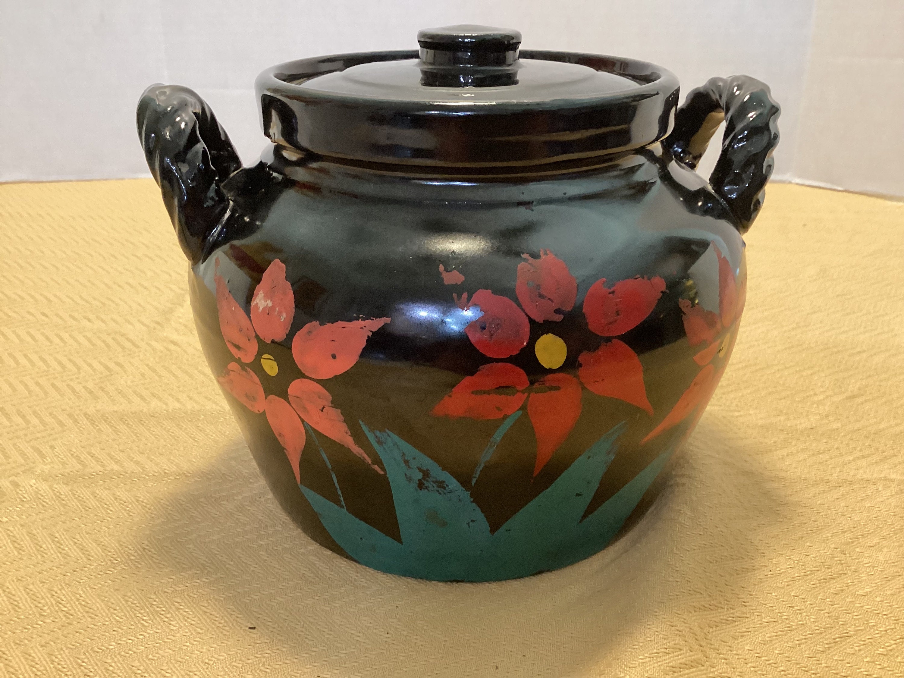 Vintage McCoy black ceramic stoneware quart cookie jar crock with hand  painted flowers- USA
