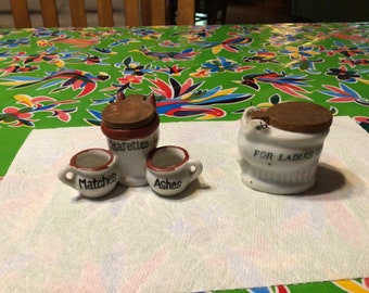 Vintage hand painted toilet or commode ashtrays with wooden lids-  Japan ( sold separately)