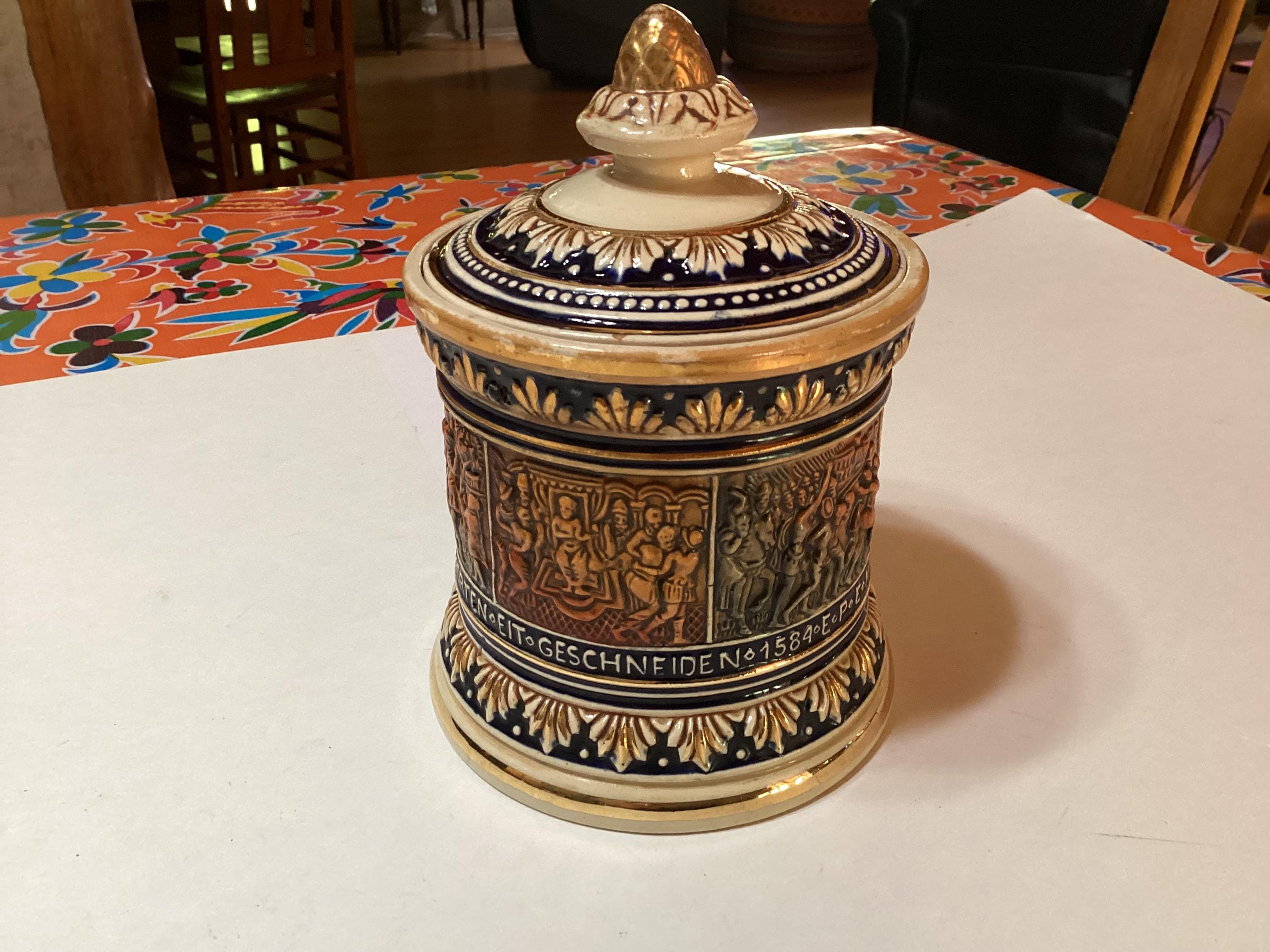 german tobacco jar Vintage Marzipan & Remy Majolica Ironstone Humidor Tobacco Jar- Germany