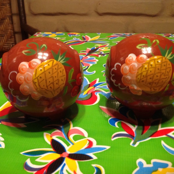 Vintage Ransburg Pottery hand painted Mexican Olla or pot shaped salt and pepper shakers with fruit designs