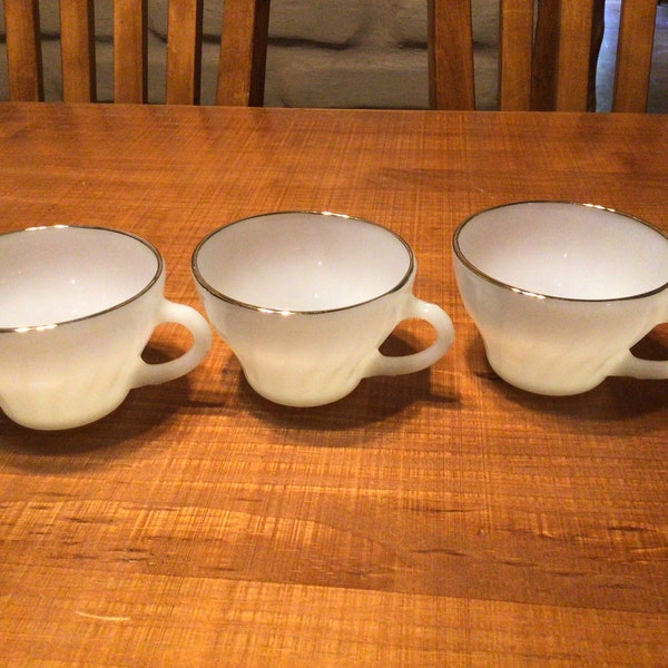 Vintage Anchor Hocking Fire King Suburbia milk glass set of 3 coffee cups with gold rims