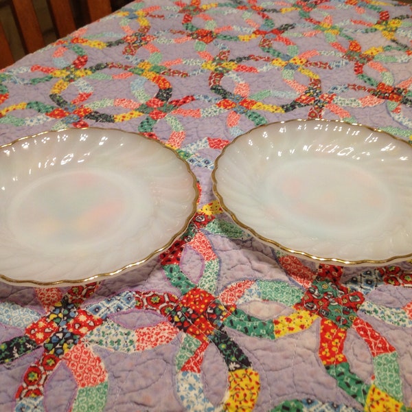 Vintage set of 2 Anchor Hocking Fire King "Suburbia" milk glass gold rim salad or dessert plates