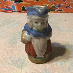 Vintage hand painted ceramic village woman miniature Toby pitcher- Japan