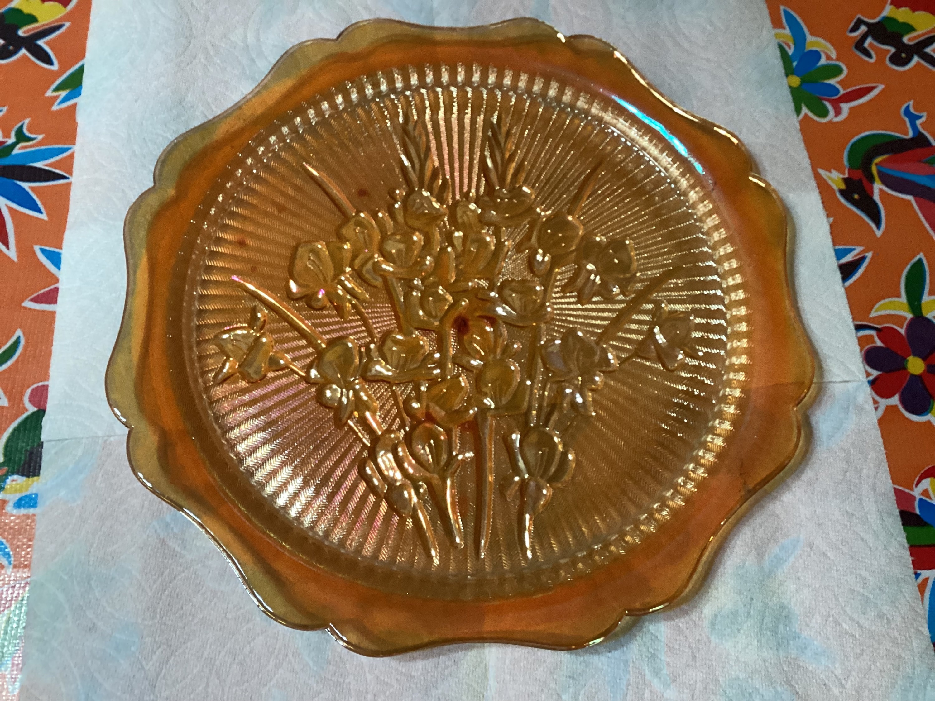 Vintage Jeanette Iris and Herringbone Marigold or Peach Carnival